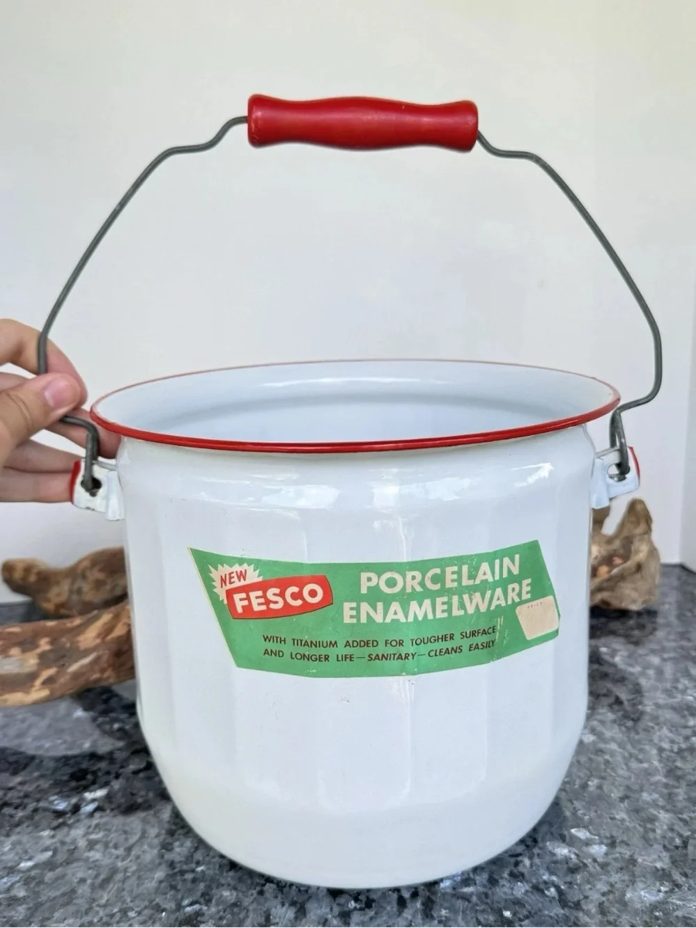 Vintage Fesco Porcelain Enamelware Pot With Wooden Handle, 8” White & Red Bucket